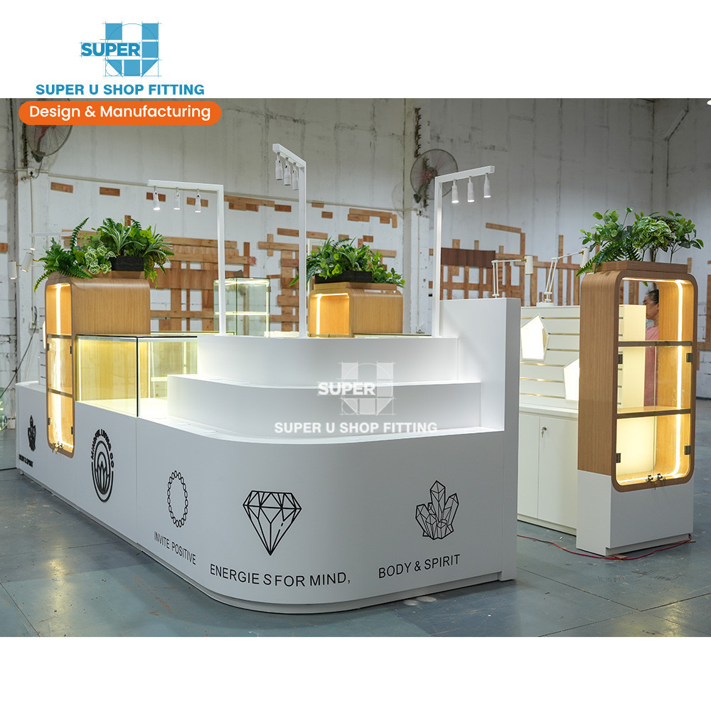 Customized Wooden Mineral Store Showcase Kiosk Design 3D Crystal Mall Kiosk Ideas Glass Jewelry Display for Retail Shop