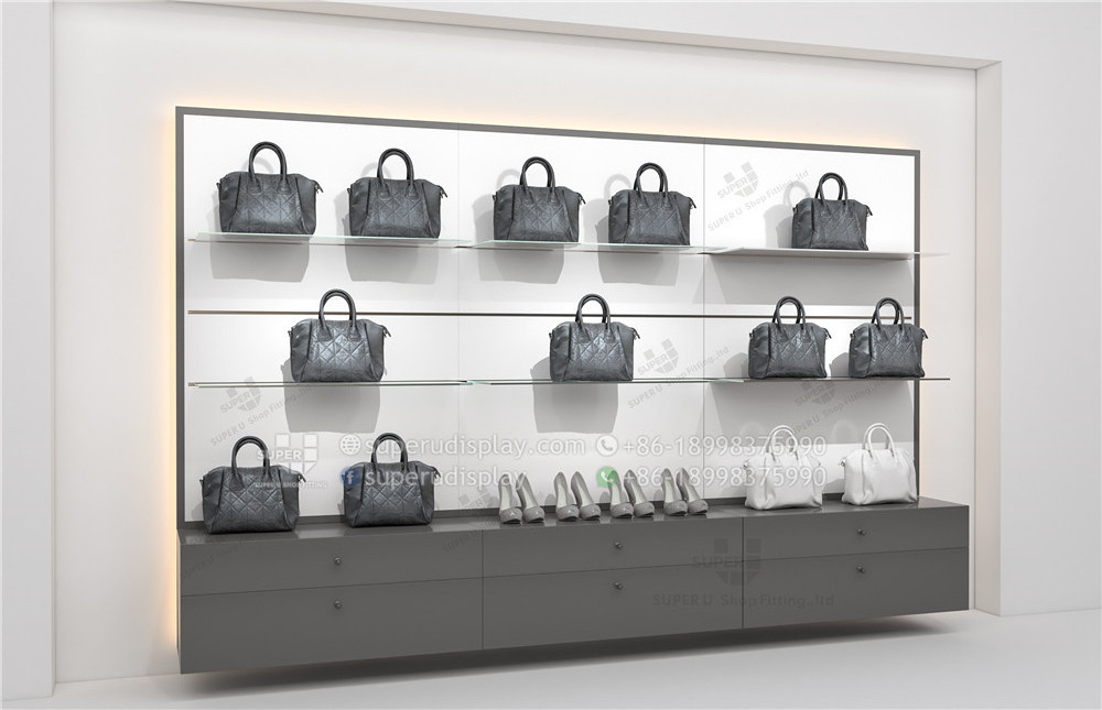 Custom Wall Mount Glass Handbags Display Shelving Rack Glass Store Fixtures Backlit Boutique Fashion Shop MDF Bag Display Shelf