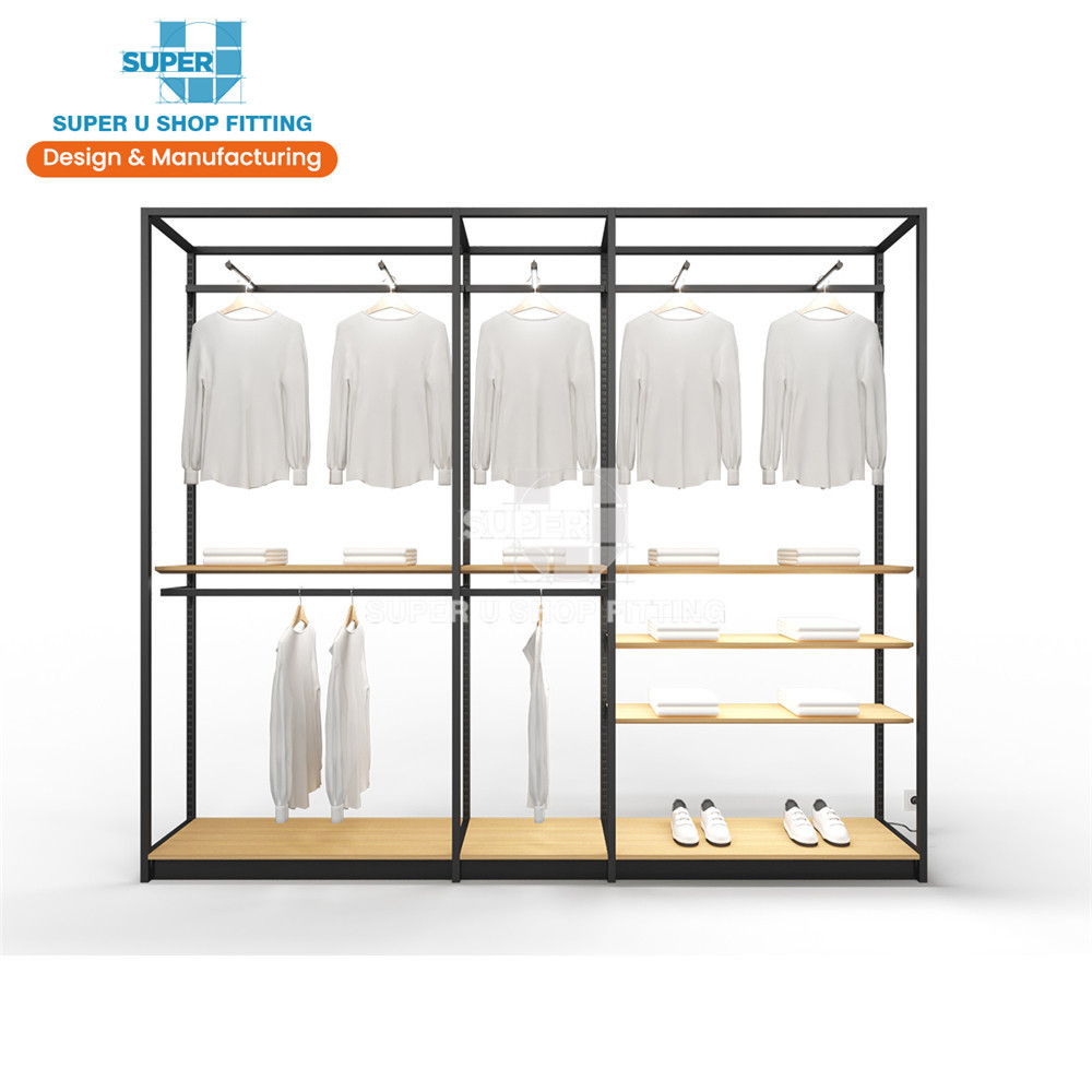 Retail Wall Clothing Display Rack System Metal Boutique Display Shelf Rack Wooden Shop Furniture LED Light Retail Display Rack