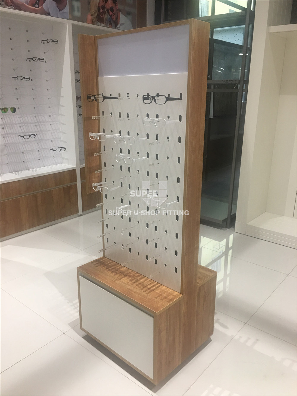 Floor Wooden MDF Eyewear Display Stand LED Light Rotating Eyeglass Spectacles Glasses Holder Display Sunglasses Display Rack