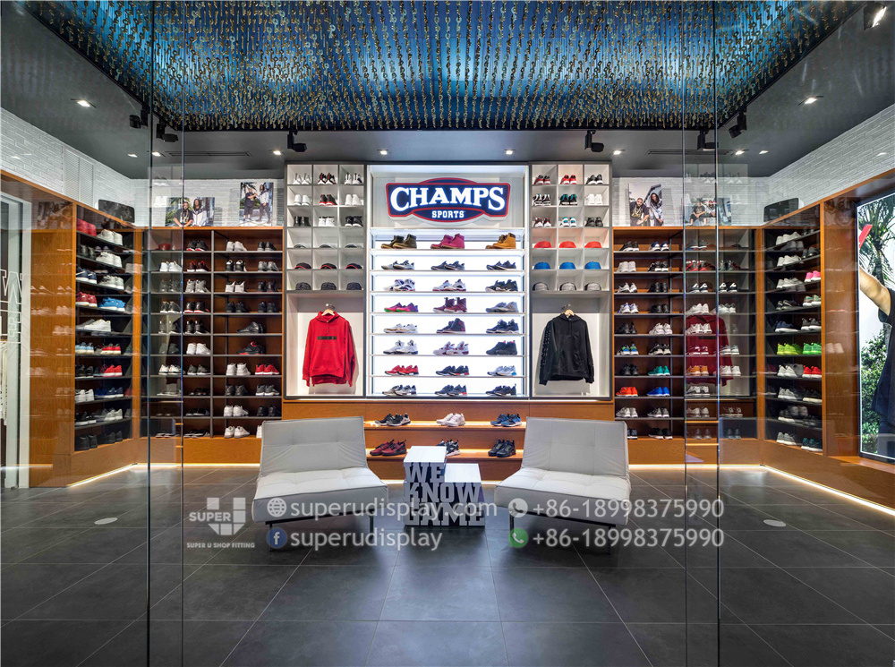 Interior Design Sports Shoes Shop Creative Display Top Quality Free Standing Sport Shoes Display Wall Shelf Design