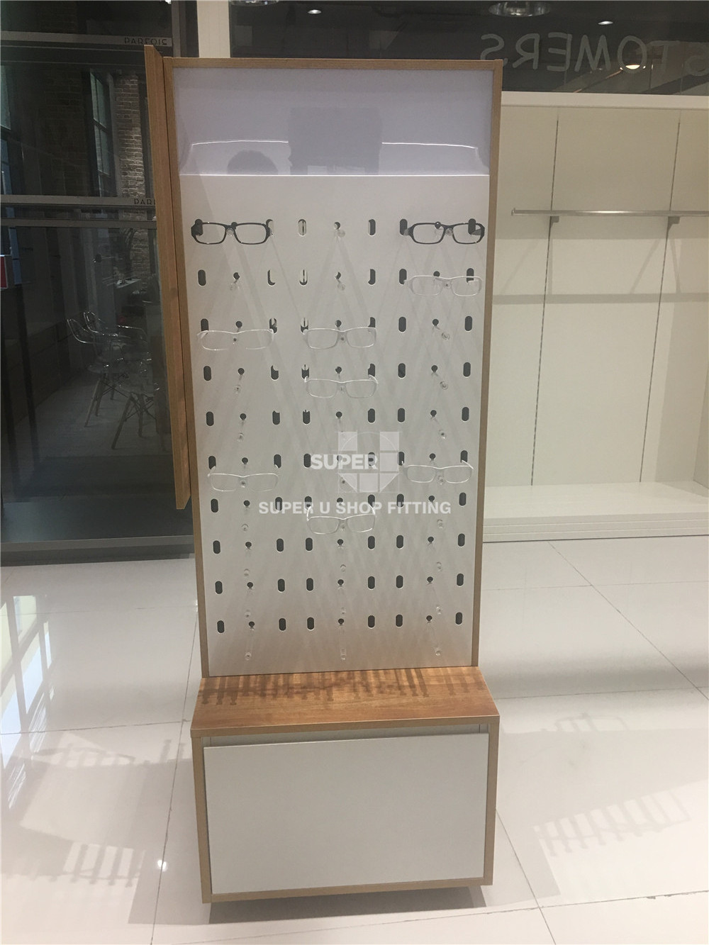 Floor Wooden MDF Eyewear Display Stand LED Light Rotating Eyeglass Spectacles Glasses Holder Display Sunglasses Display Rack