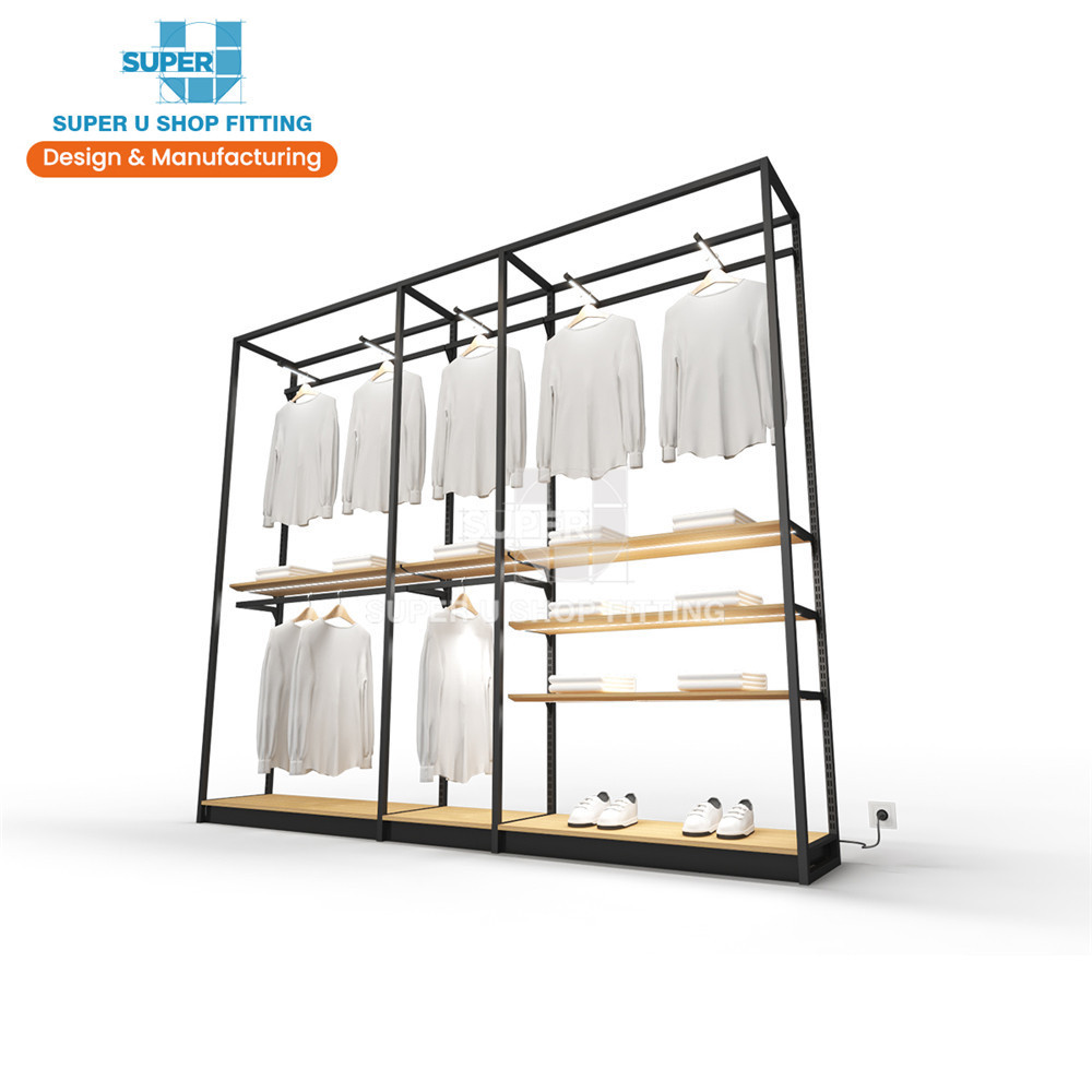 Retail Wall Clothing Display Rack System Metal Boutique Display Shelf Rack Wooden Shop Furniture LED Light Retail Display Rack