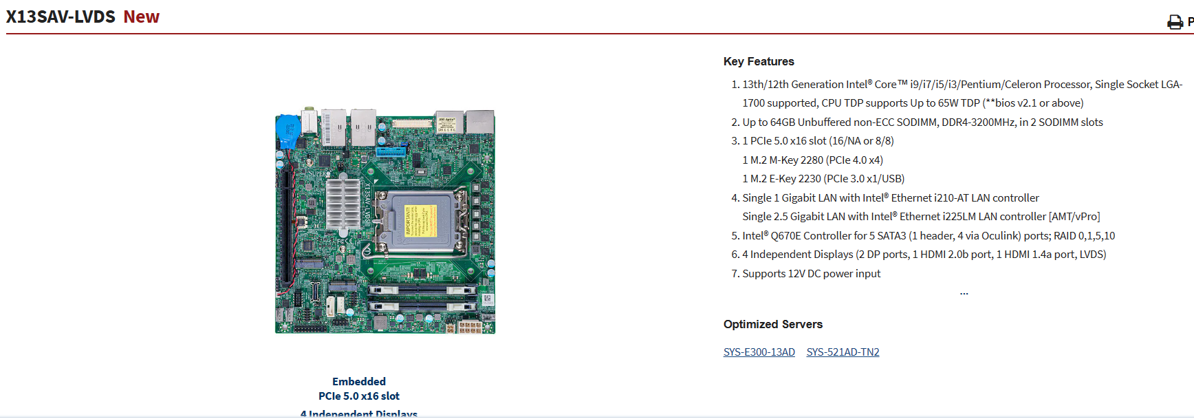 X13SAV-LVDS   LGA1700 Motherboard - Mini ITX, Alder Lake PCH Q670E