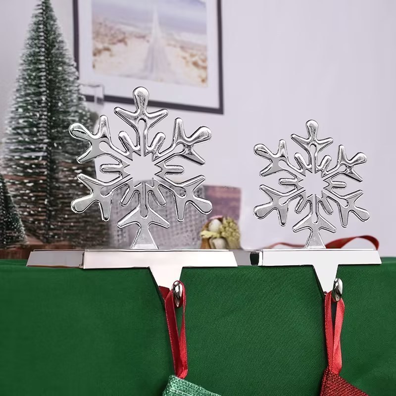 Snowflake stocking hanger holder for mantel weighted heavy metal stocking hook stand for Fireplace Counter Window Decoration