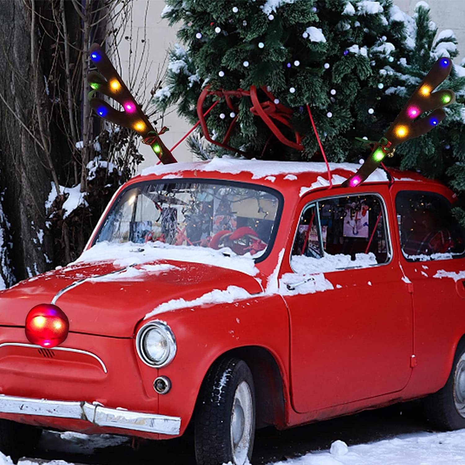 Car Reindeer Antler with Light Christmas Car Decor Kit Rudolph Reindeer and Red Nose for Car Christmas Decorations