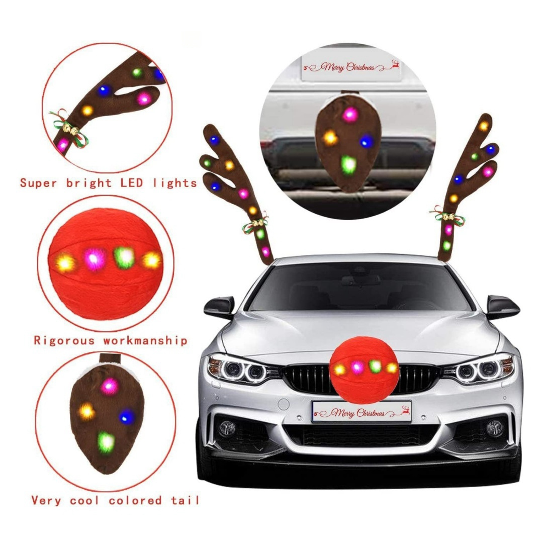 Car Reindeer Antler with Light Christmas Car Decor Kit Rudolph Reindeer and Red Nose for Car Christmas Decorations