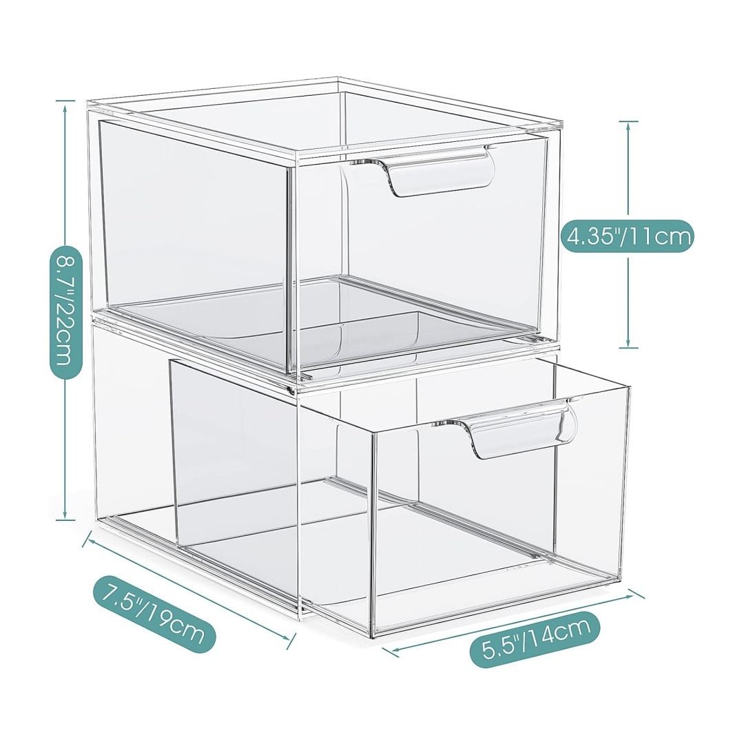 Stackable Makeup Organizer Acrylic Clear Plastic Storage Drawer with Handles for Vanity Undersink Kitchen Cabinets Pantry