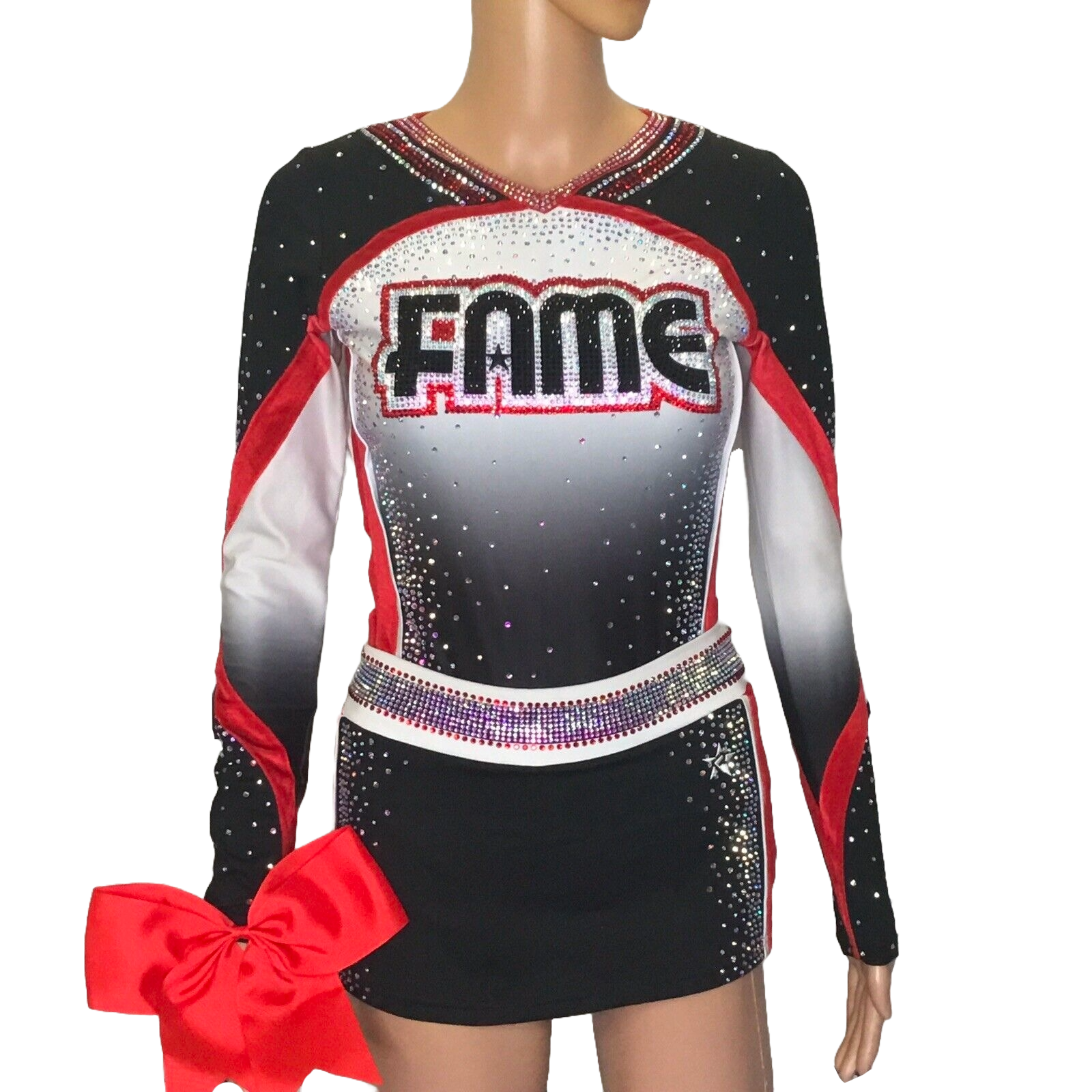 Custom High School Girls Sparkle Rhinestone Youth Long Sleeve Pink Cheerleading Uniforms With Ruffled Skirts