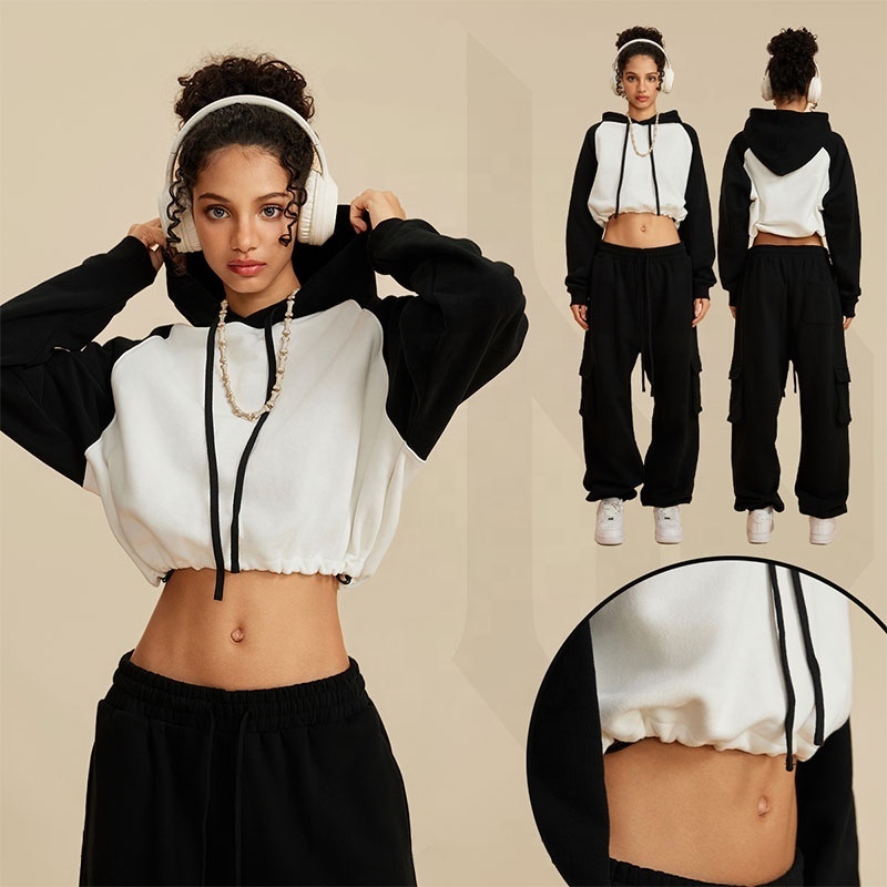 2023 new style Autumn Winter Contrast color raglan exposed navel retractable suede brushed women crop hoodies