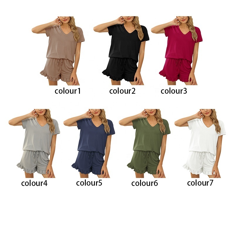 Wholesale Women Short Sleeve Set Loungewear Women 2 Piece Set V Neck Loose Shirt Women Crop Top Outfits Biker Shorts Set