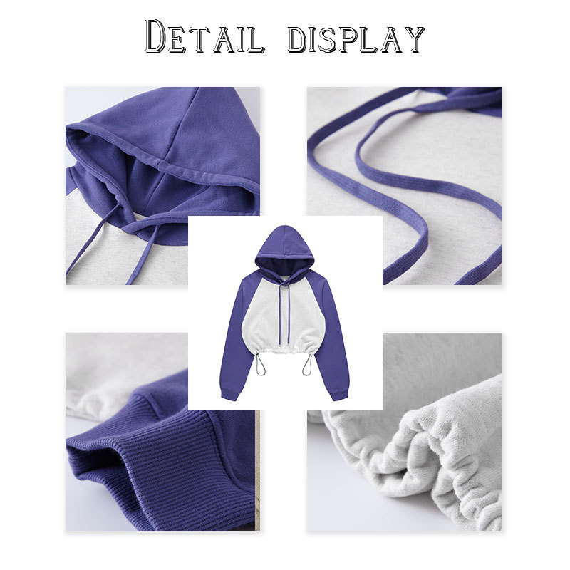 2023 new style Autumn Winter Contrast color raglan exposed navel retractable suede brushed women crop hoodies