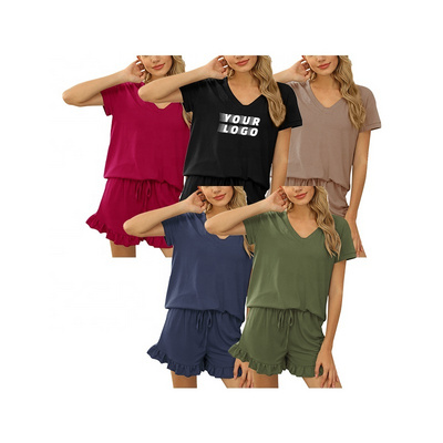 Wholesale Women Short Sleeve Set Loungewear Women 2 Piece Set V Neck Loose Shirt Women Crop Top Outfits Biker Shorts Set