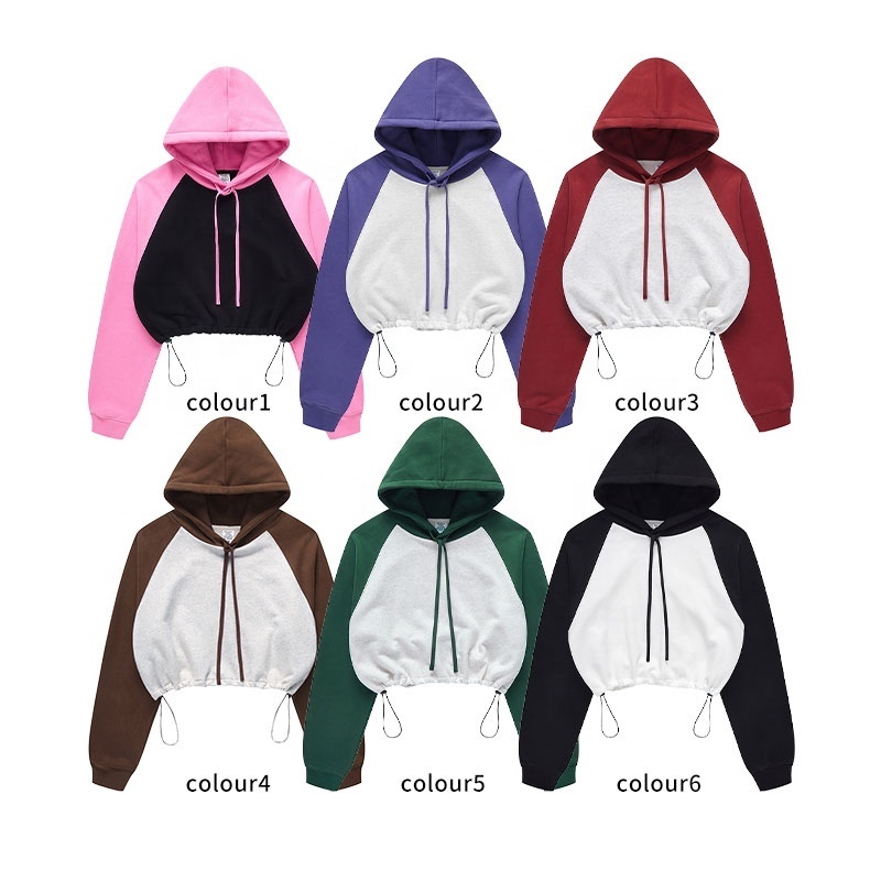 Wholesale Super Soft Sweatshirt Custom Logo Women Street Wear Hoodies Color Block Crop Top Hoodies Women