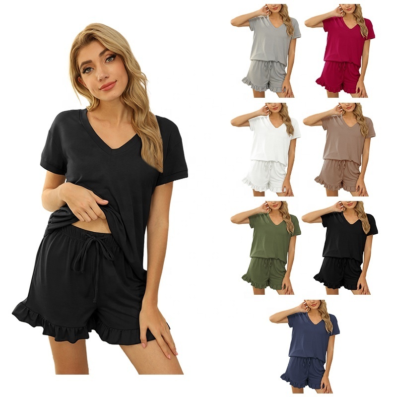 Wholesale Women Short Sleeve Set Loungewear Women 2 Piece Set V Neck Loose Shirt Women Crop Top Outfits Biker Shorts Set