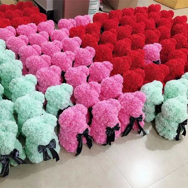 High Quantity 25cm 40cm Size Valentines Day Forever Artificial Flower Teddy Rose Bear With Gift Box Foam Rose Bear