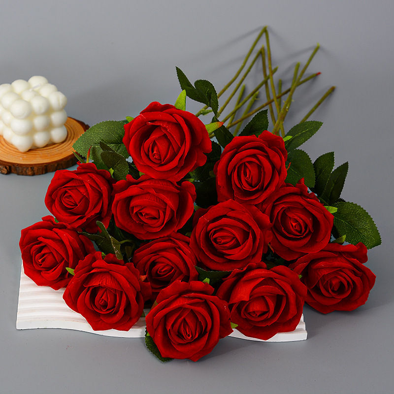 high quality Artificial single velvet roses flower red white custom real touch rose decorative flowers