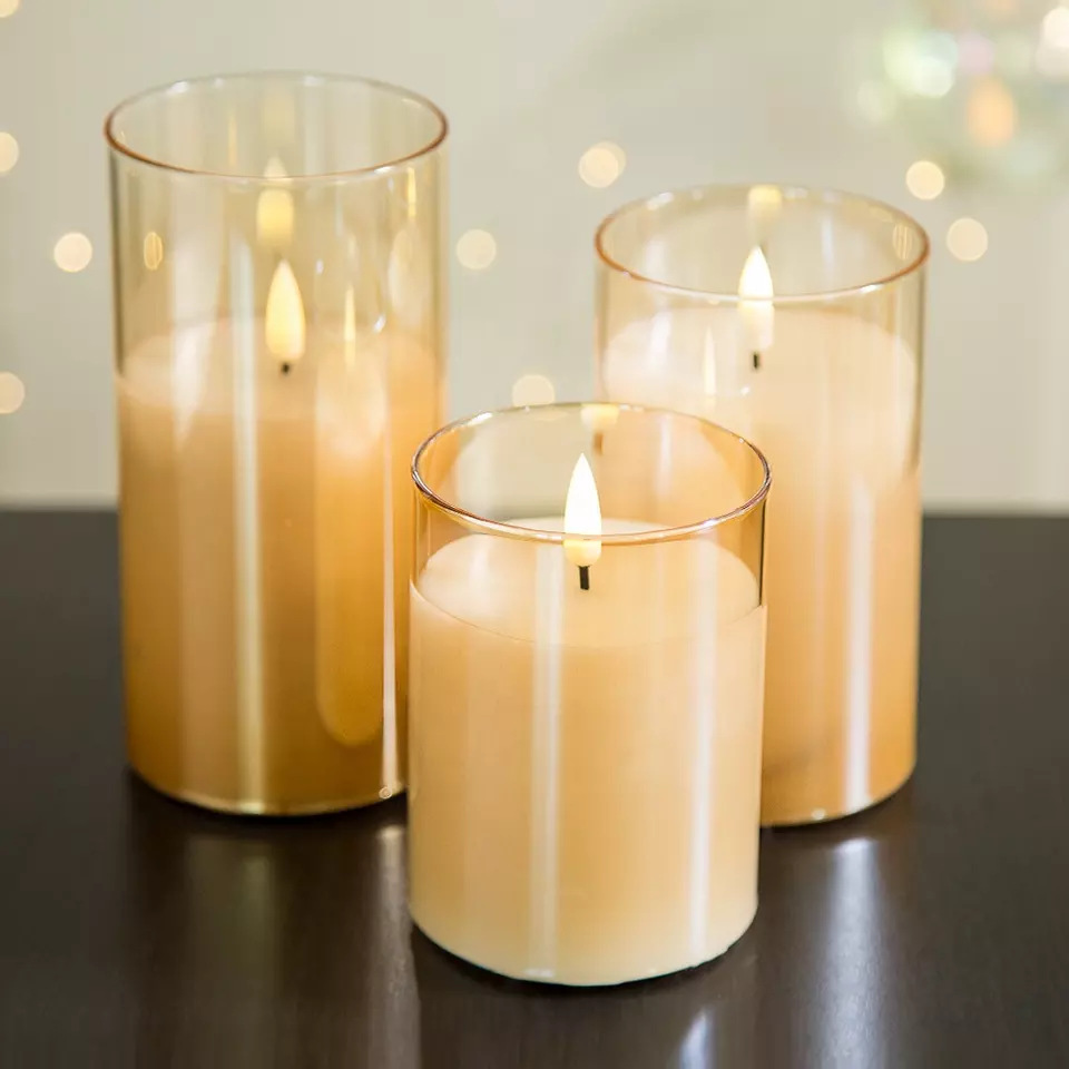 Set Of 3  Decorative Glass material Led Candles Real Wax Pillar Flameless Candles Lights