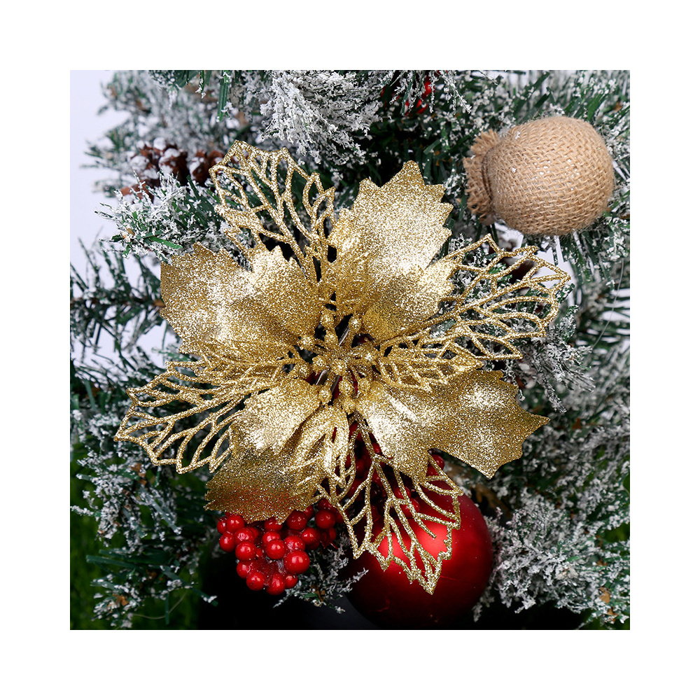 Glitter Gold Red Poinsettia Flowers Christmas Tree Ornament Artificial Flowers with clips stems