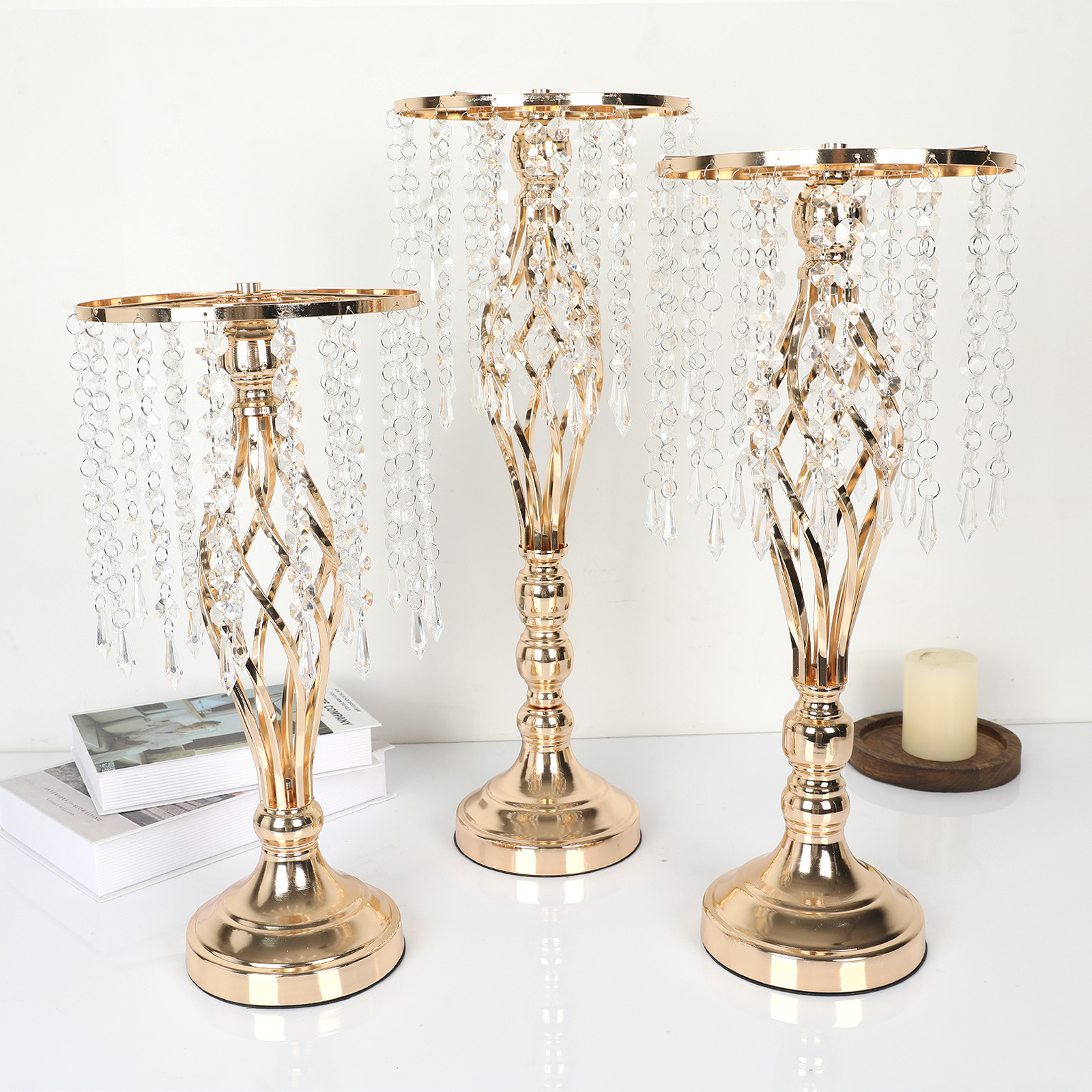 Metal Crystal Flower Stand for Wedding Party Road Lead Holiday Home Decoration Table Centerpieces with Crystal Chain Wholesales