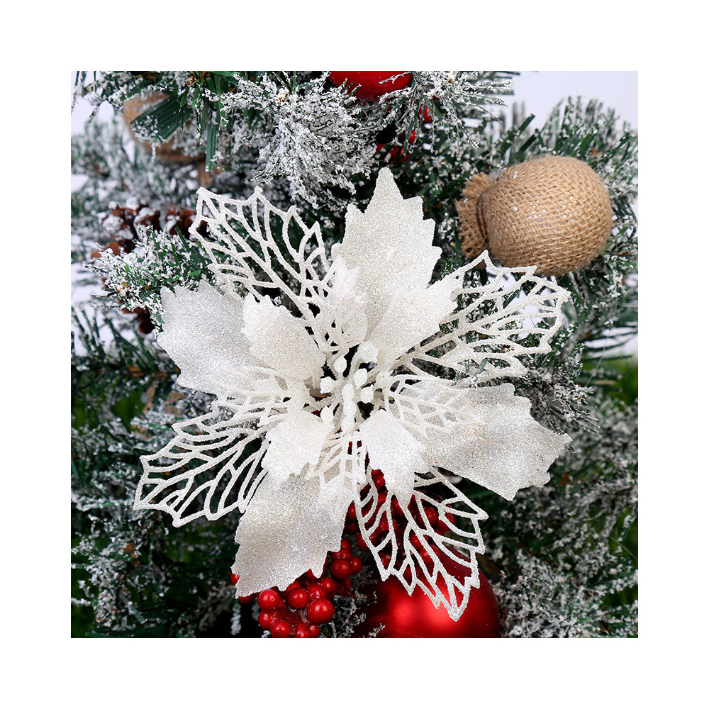 Glitter Gold Red Poinsettia Flowers Christmas Tree Ornament Artificial Flowers with clips stems