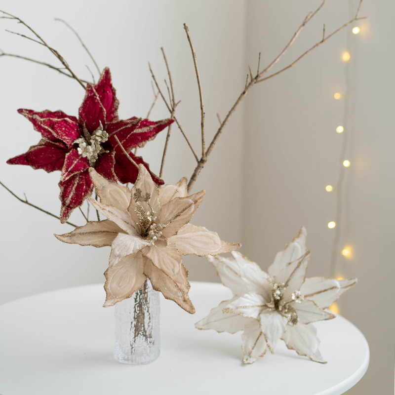 Artificial Flower Big Artificial Decoration Poinsettia Large Tree Glitter Poinsettias Christmas Flowers