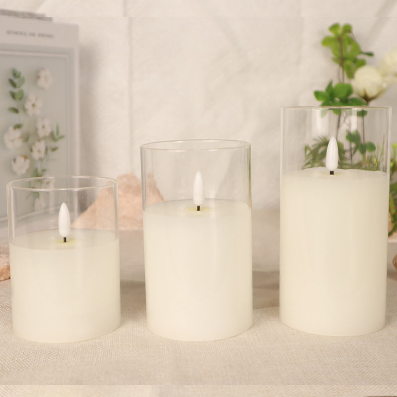 Set Of 3  Decorative Glass material Led Candles Real Wax Pillar Flameless Candles Lights