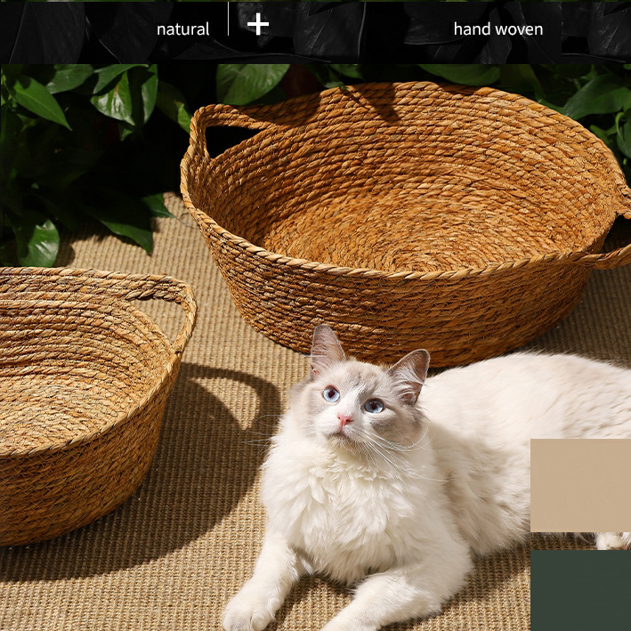 Popular handwoven wicker rattan seagrass pet bed baskets for dogs and cats seagrass pet house best price pet toys storage boxes