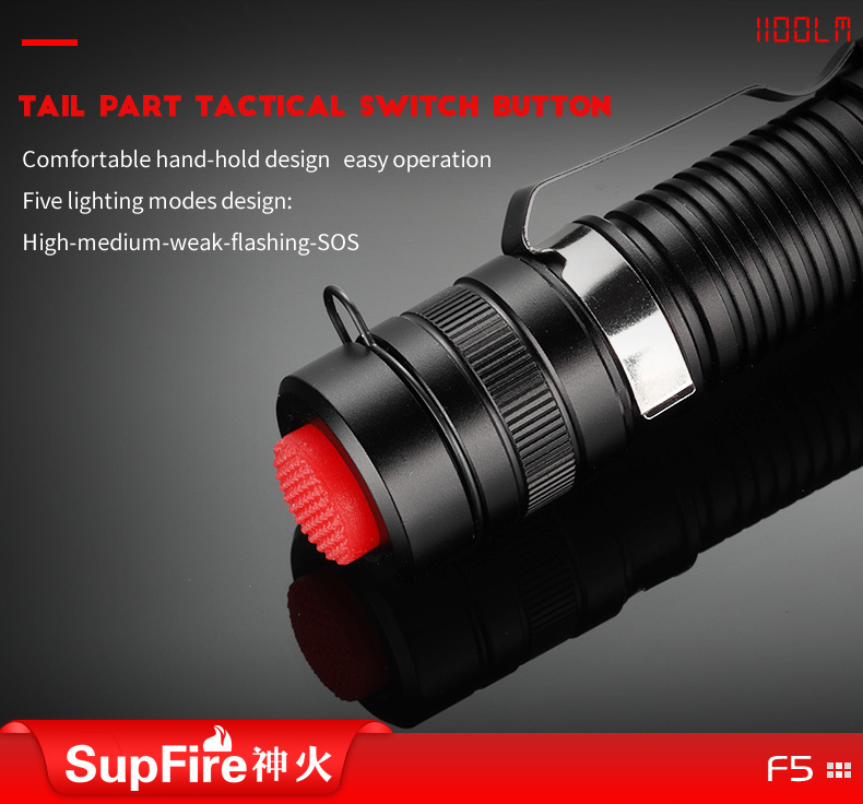 Supfire china factory high power 10W 1100lumens Zoomable Led Flashlight 5 Modes With Belt Clip camping led flashlight