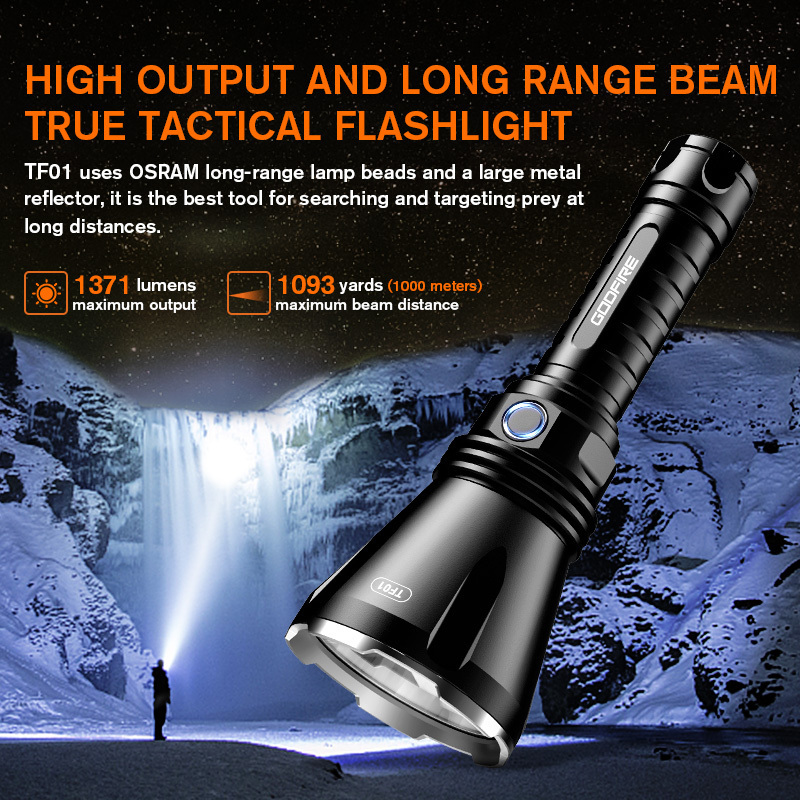 GODFIRE Rechargeable LED Flashlight 1km IP55 waterproof  flashlight TF01 Long Beam Distance Spotlight for Hiking and Hunting