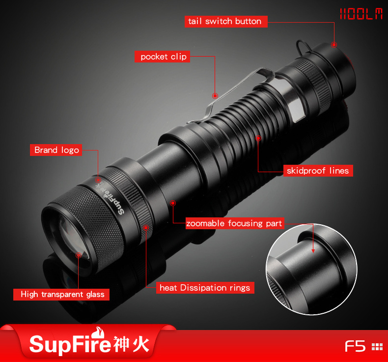 Supfire china factory high power 10W 1100lumens Zoomable Led Flashlight 5 Modes With Belt Clip camping led flashlight