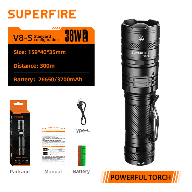 High Power Rechargeable Flashlight V8-S LED High Lumens Handheld Flashlight Waterproof Long Lasting for Hiking Camping Gift