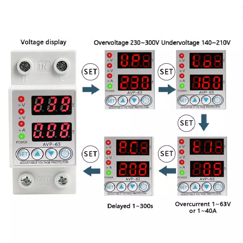 40A 63A 80A 220V 230V Voltage Protector Din Rail Automatic Adjustable Digital Over Under Voltage Protector