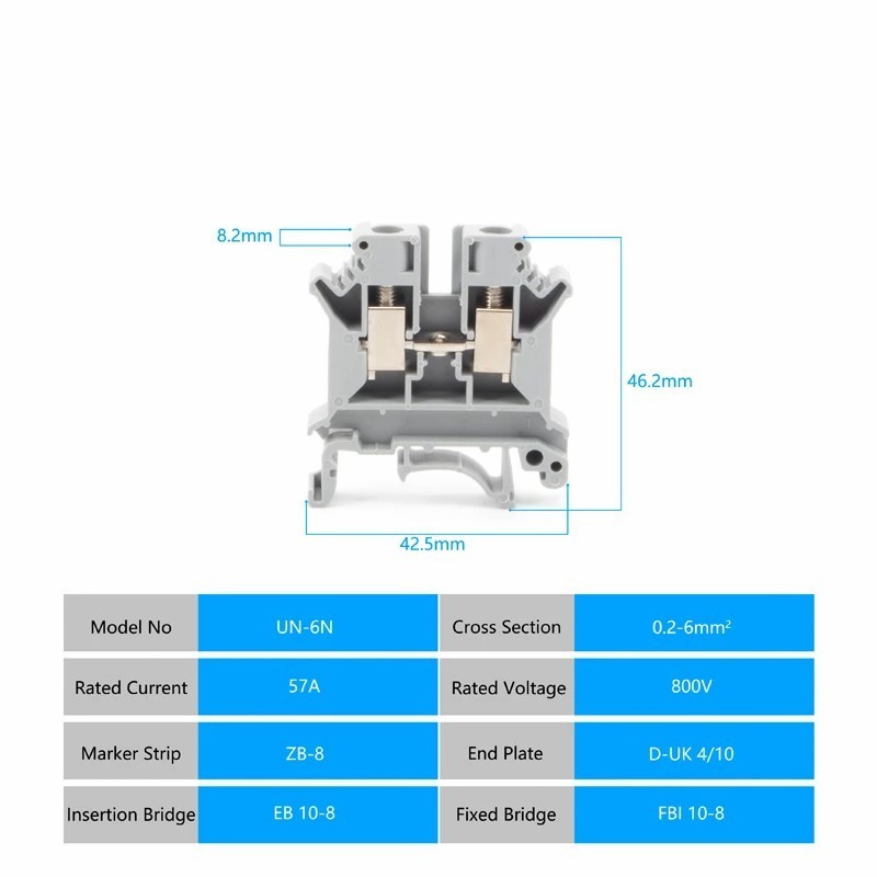 Electrical Connector Din Rail Uk-6n Connect Terminal Block 57a 800v  0.2-6 Wire Range Fuse Terminal Block Connector