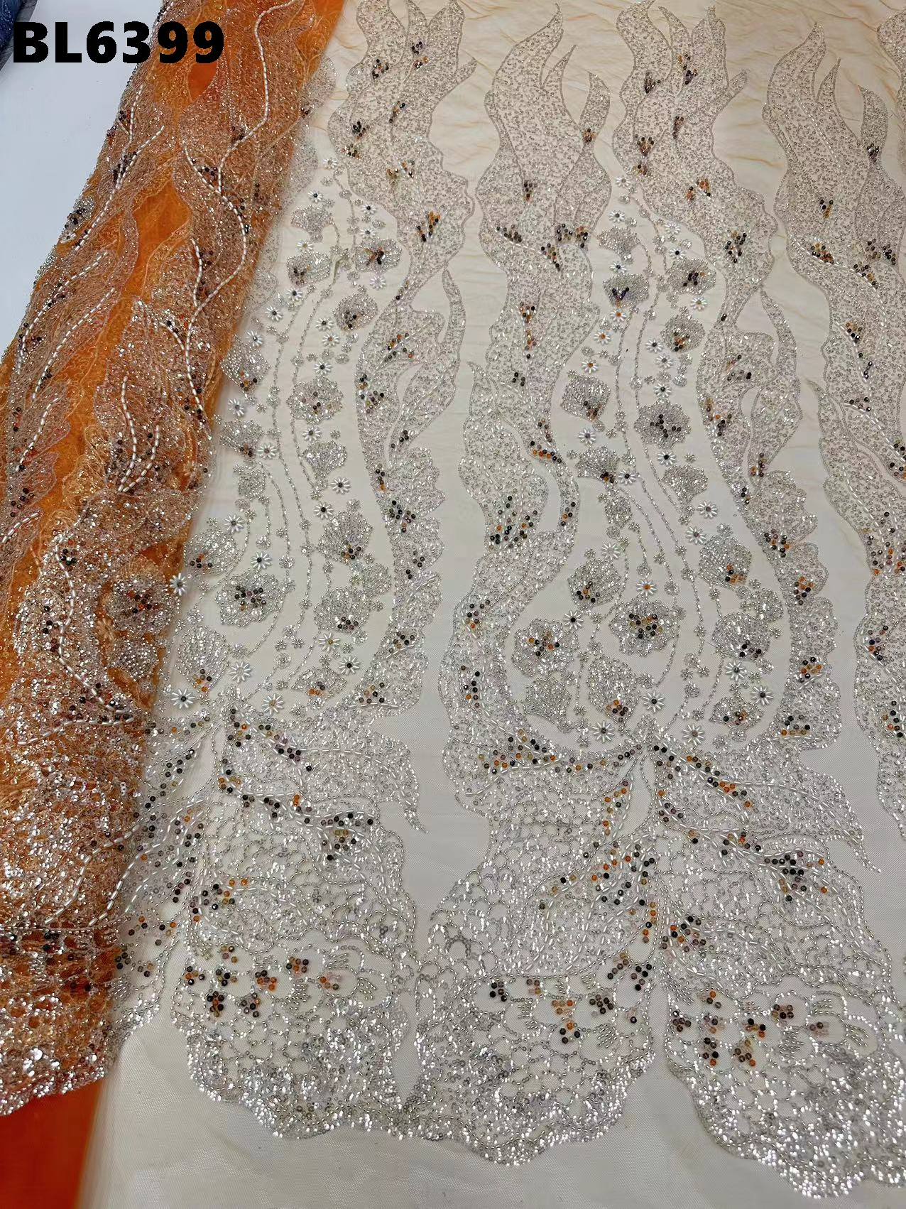 New Luxury Bridal Lace Wedding Party Dress Fabric Orange Beaded Lace Fabric Chinese Machine Embroidered Sequin Dress Lace Fabric