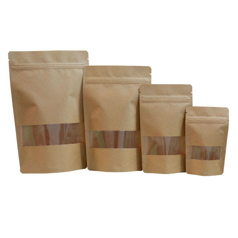 stand up pouch food packing bags for seasoning brown kraft paper horizontal window pouch biodegradable flexible packaging