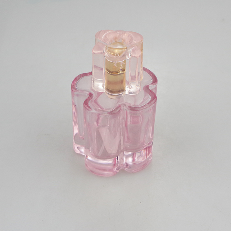 Pink Flower Color Round Square Shape  50ml  Wholesale Glass Perfume Spray Bottle with Flower Shape Lid