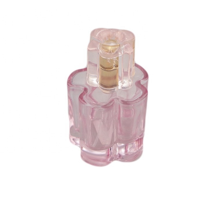 Pink Flower Color Round Square Shape  50ml  Wholesale Glass Perfume Spray Bottle with Flower Shape Lid