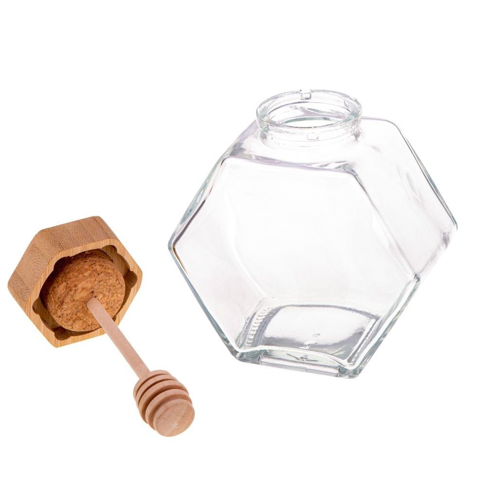 180ML 220Ml 380Ml Honey Glass Jar Hexagonal Honey Glass Jar With Dipper Bee Mini Honey Pot