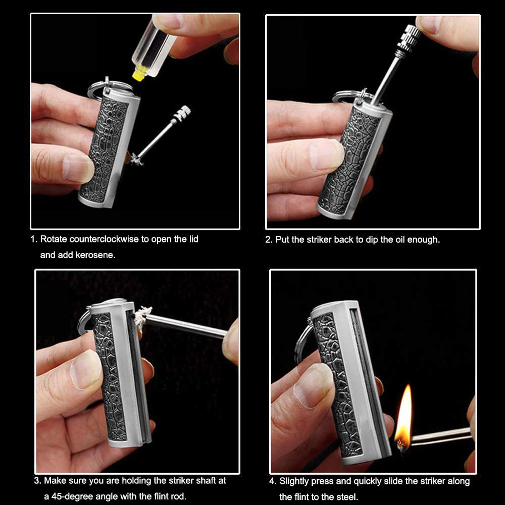 Keychain Flint Metal Matchstick Fire Starter Kerosene Refillable Lighter Permanent Match