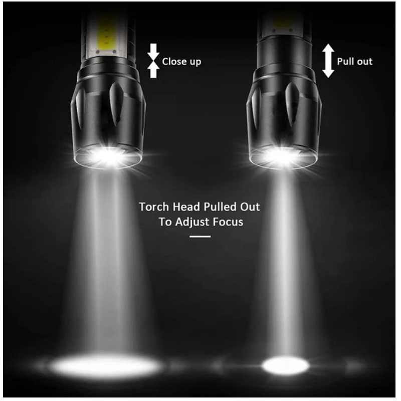 Zoomable 3 lighting modes mini torch, long range 8 COB side lights camping lantern