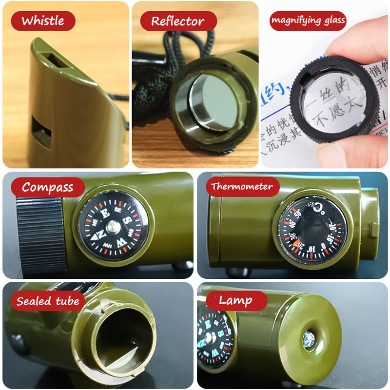 Emergency Survival Whistle 7 in 1 Loud Signal Whistle with Compass Thermometer Reflector Magnifier LED Lights for Hiking Camping