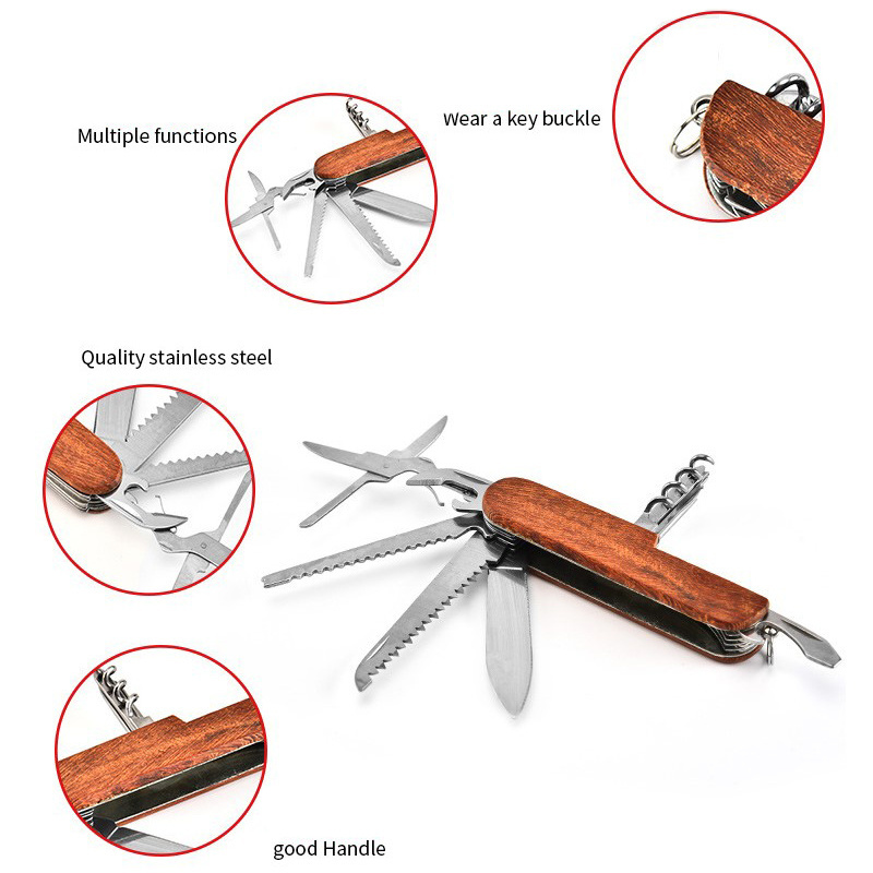 11 in 1 Multi Function Folding Pocket Knife with Wood Handle Personalized Custom Engraved Outdoor Survival Camping Folding Knife