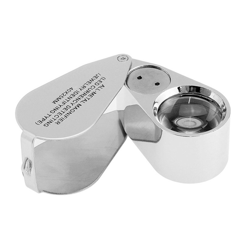 Foldable 40X mini pocket currency detecting loupe with 25mm magnifying glass and LED UV light