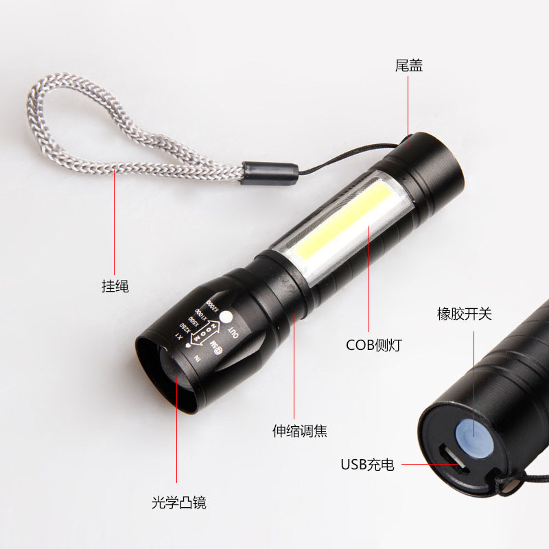 Waterproof camping hunting light, USB rechargeable torch lantern LED adjustable penlight