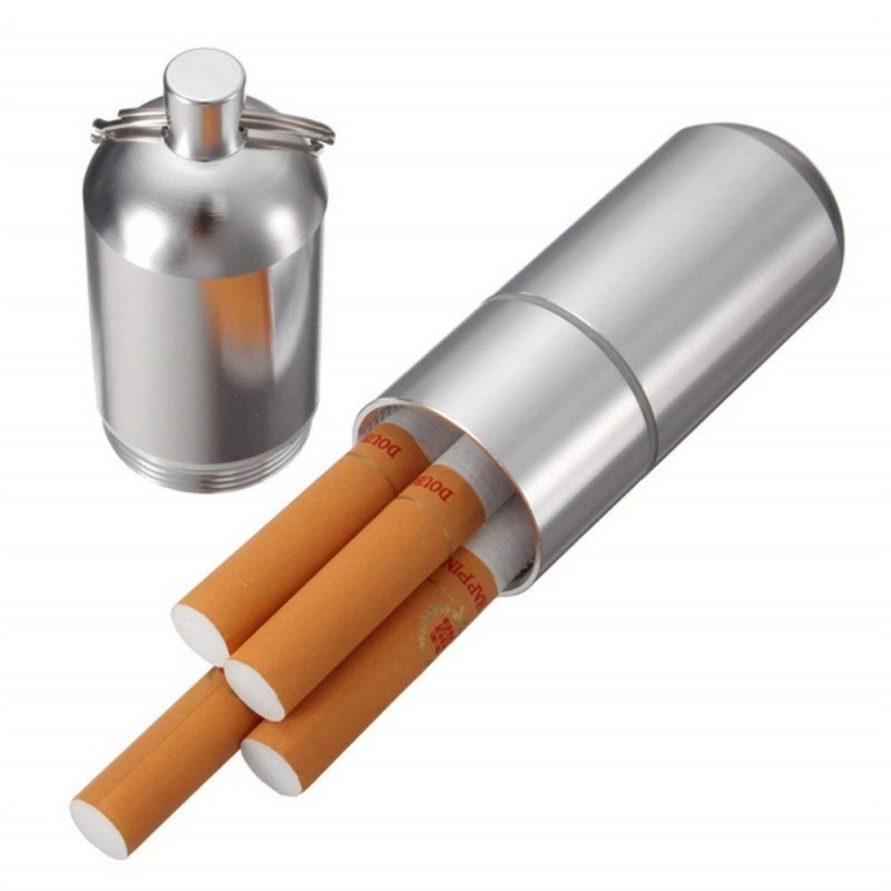 Silver Aluminum Alloy Waterproof Cigarette Case Pill Toothpick Capsule Holder with Keychain Mens Gift