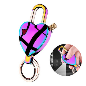 Logo Printing Metal Flint Matchstick Fire Starters Heart-shaped Kerosene Lighter with Flashlight Emergency Keychain Lighters