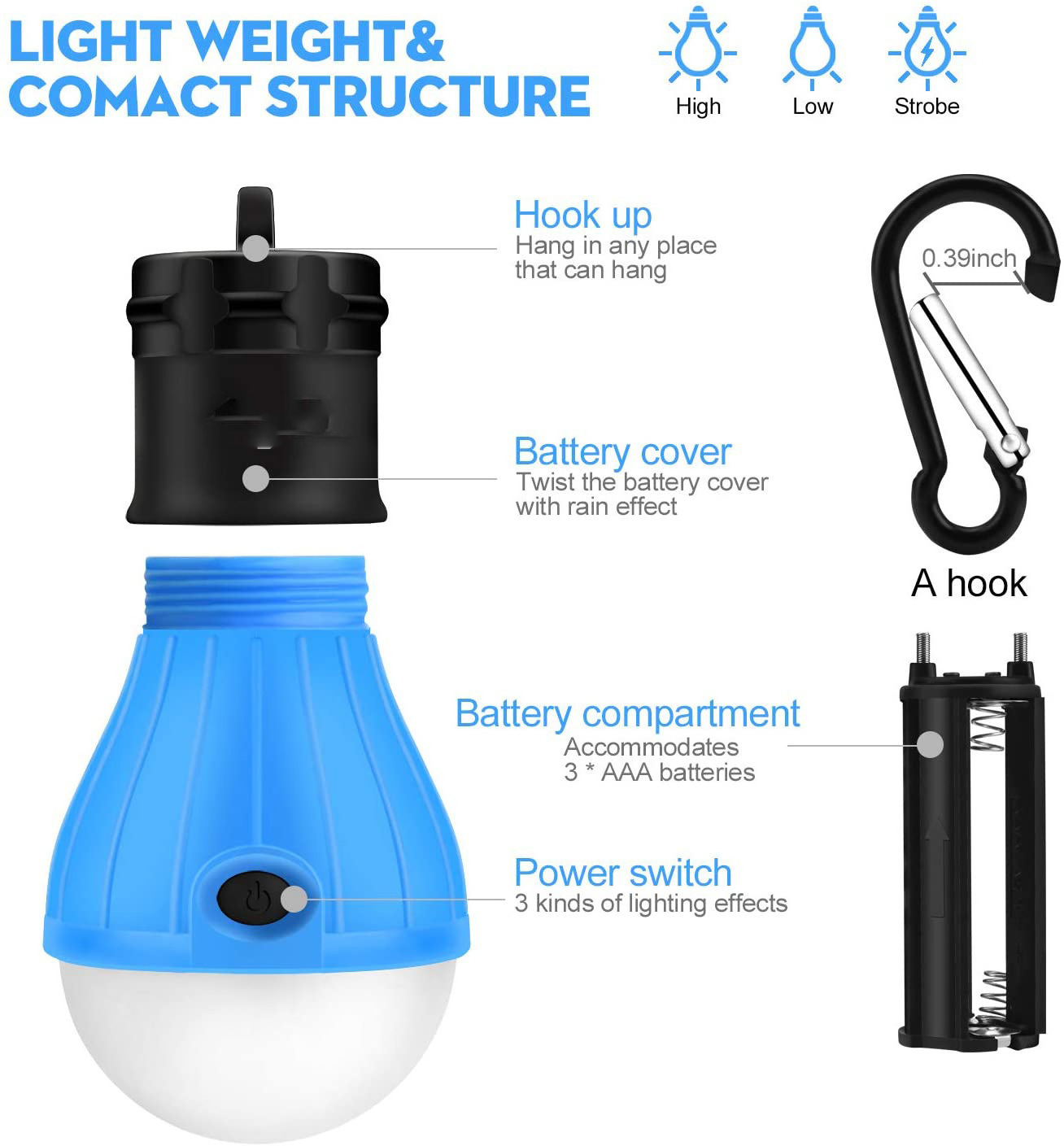 LED Camping Lantern 3 Lighting Modes Hanging Tent Light Bulbs with Clip Hook for Camping, Hiking, Hurricane, Storms, Outages