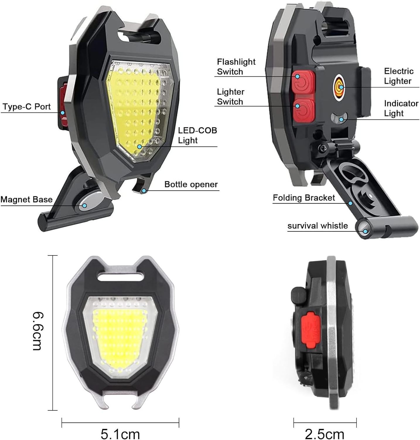 7 Modes COB Keychain Work Light 500 Lumens Bright USB Rechargeable LED Flashlight with Cigarette Lighter Whistle