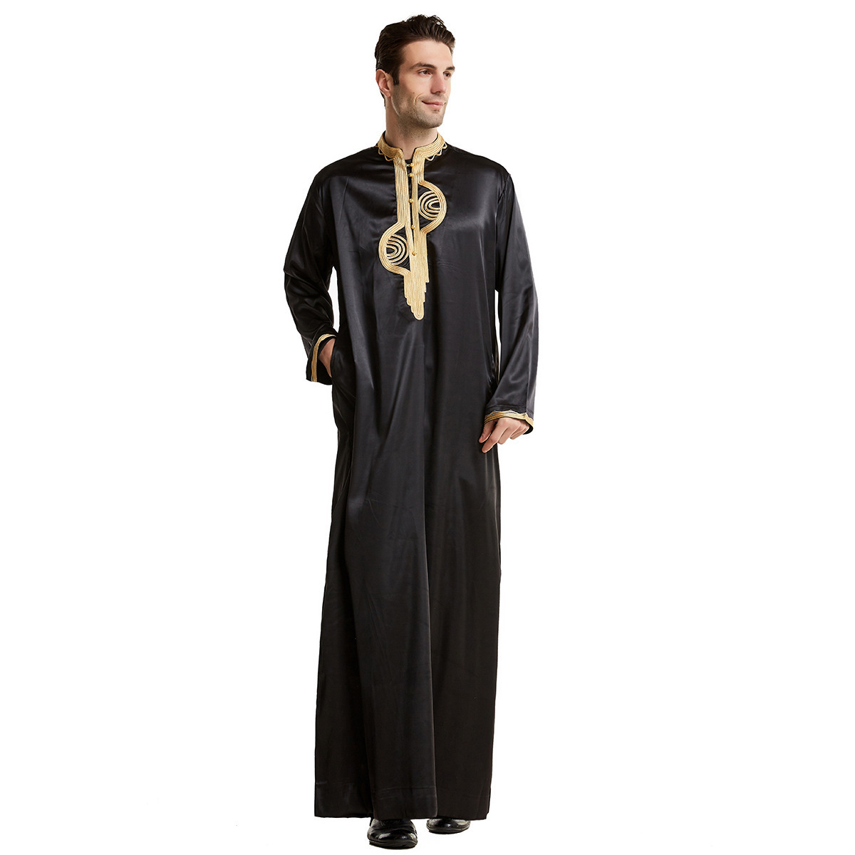 Wholesale UAE Polyester Embroidered Round Collar Robe Muslim Man Haramain Turkish Islamic Abaya Thobe